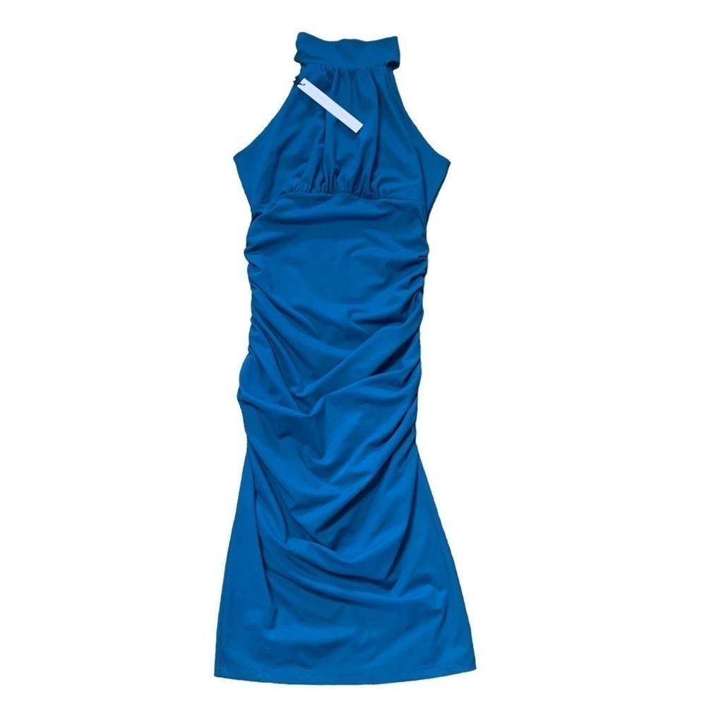 Susana Monaco x Revolve NWT Ruched Mock Neck Halter Dress Color Teal Size Medium